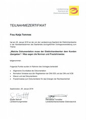Katja Temmes, Welche Dokumentation muss der Elektrohandwerker dem Kunden übergeben / Was sagen die Normen und Praxishinweise